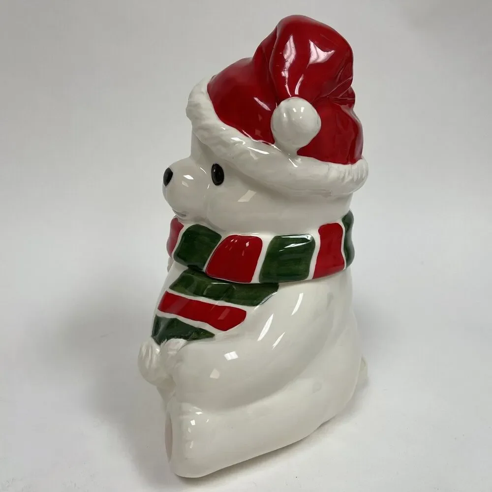 Homco 1991 Cookie Jar Canister Teddy Bear White Red Green‎ 8